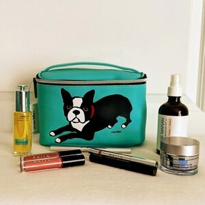 marc tetro Boston Terrier Cosmetic Case Bag Extra Large PVC Saffiano Aqua NWT